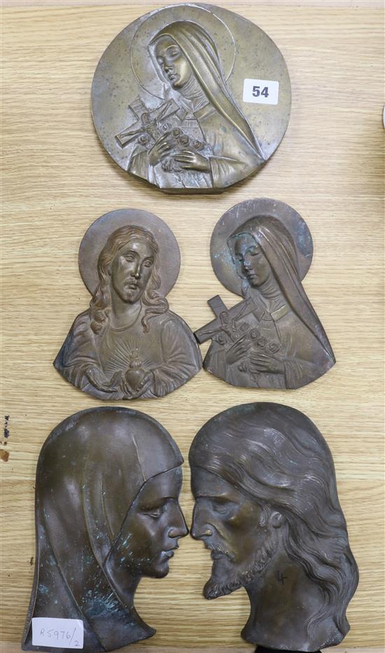 Five bronze Religious plaques, two signed S. Melanie tallest 22cm